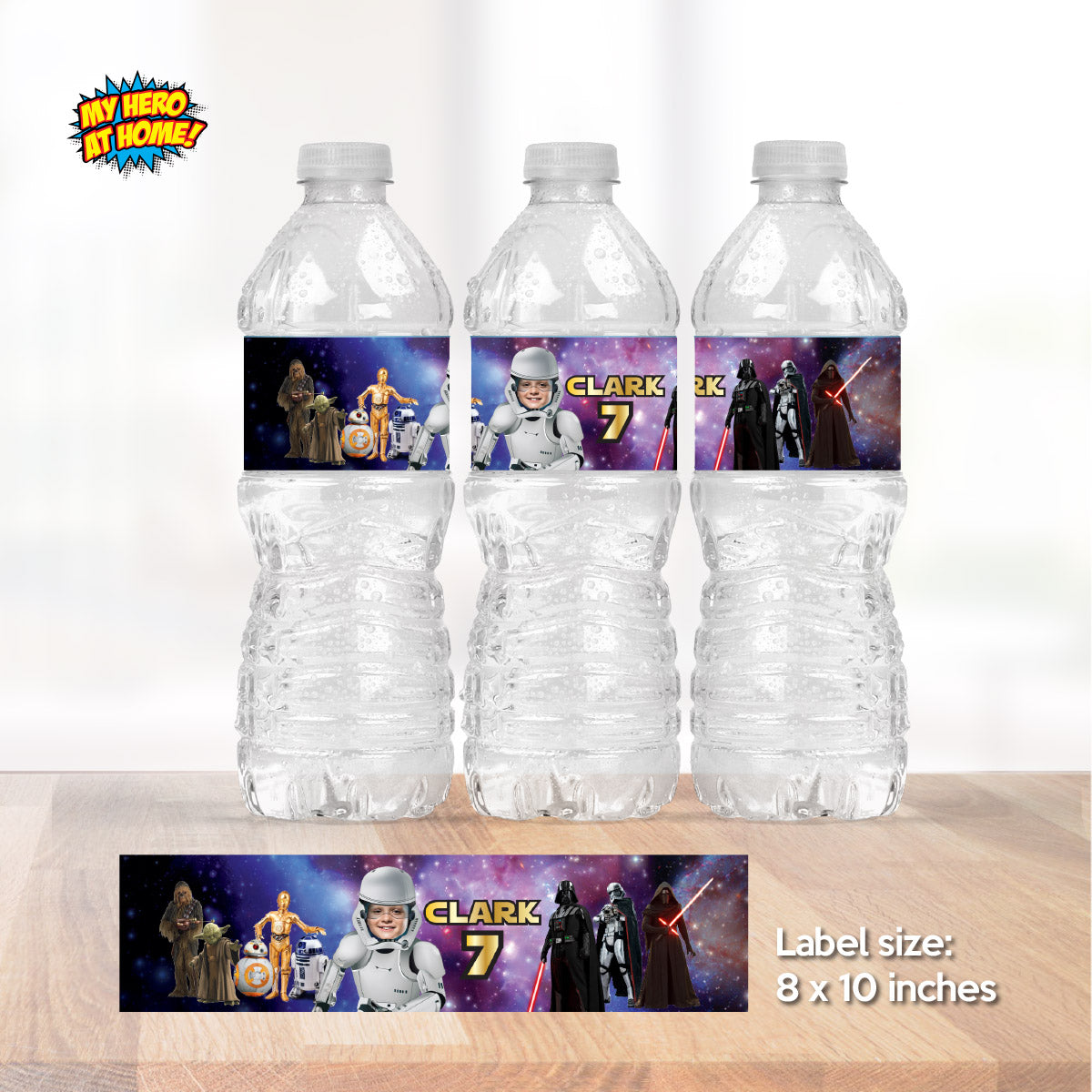 Custom Stormtrooper water wrappers and juice labels featuring birthday kid as the Droid. 036WJ