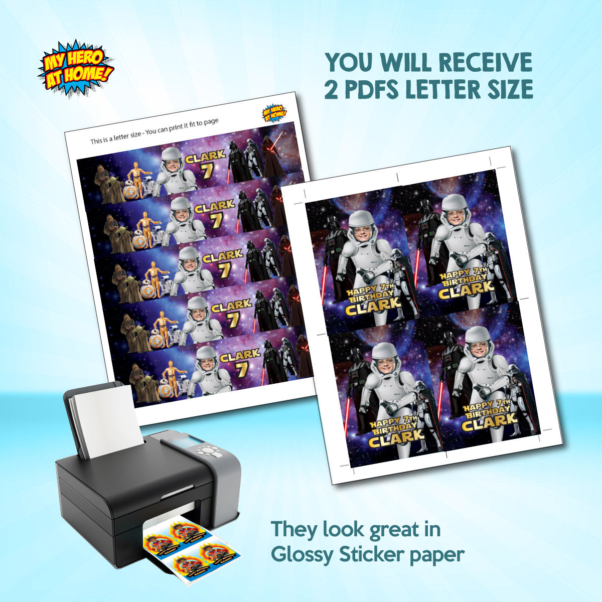 Custom Stormtrooper water wrappers and juice labels featuring birthday kid as the Droid. 036WJ