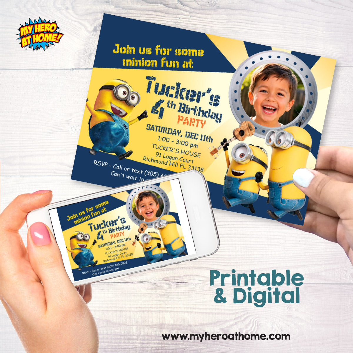 Personalized Minions Party Invitation with photo of birthday child, Minions invitation with photo. 041