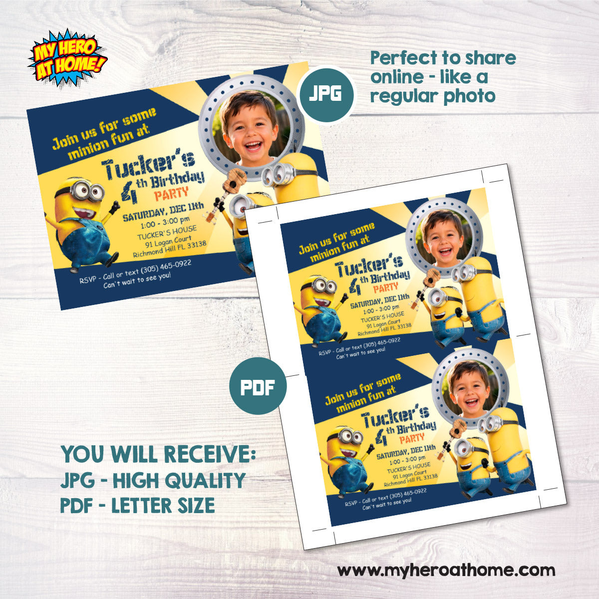 Personalized Minions Party Invitation with photo of birthday child, Minions invitation with photo. 041