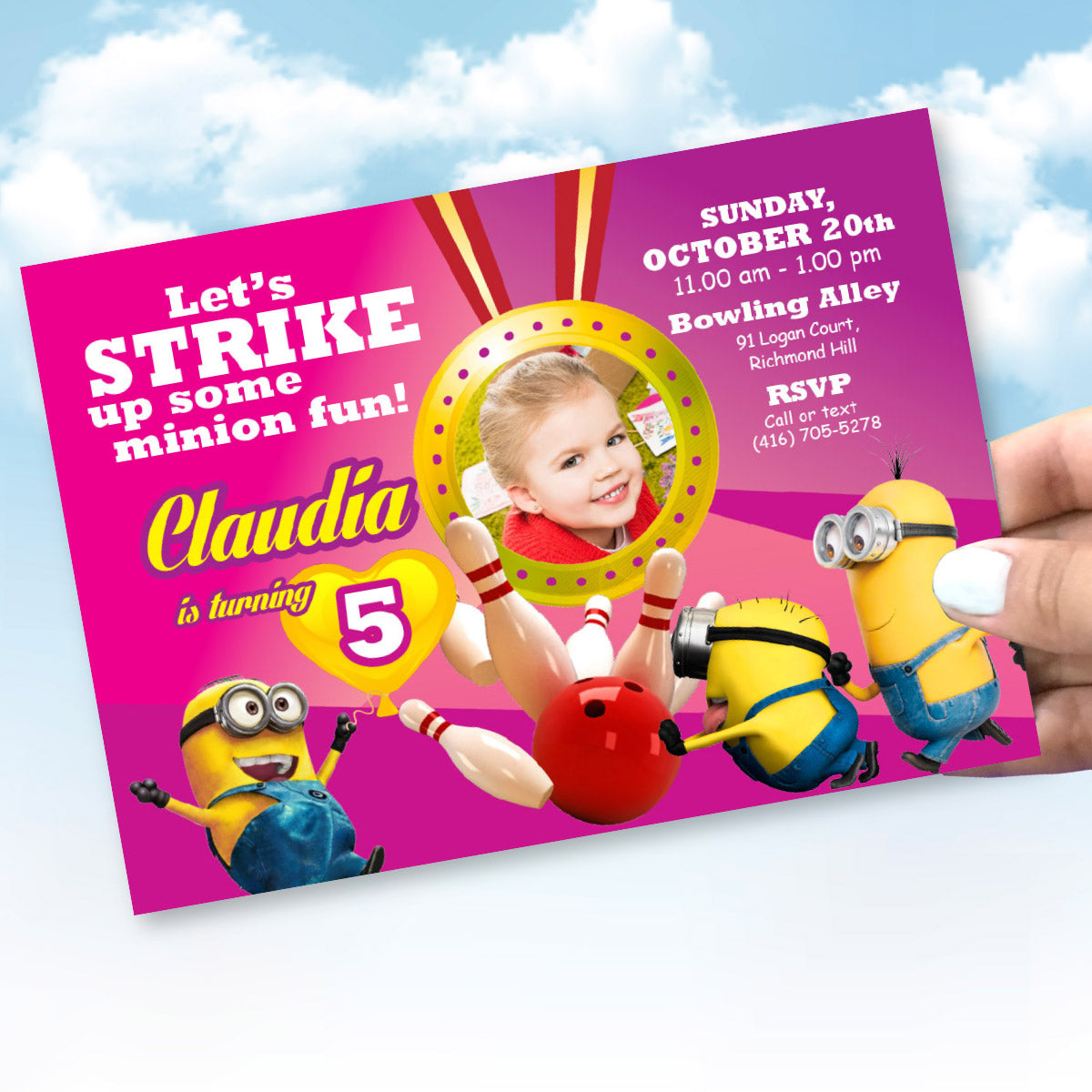 Girl Minions Bowling Party Invitation with photo, Pink Bowling Invitation Themed Minions. 043