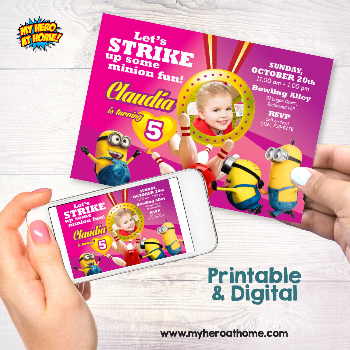 Girl Minions Bowling Party Invitation with photo, Pink Bowling Invitation Themed Minions. 043