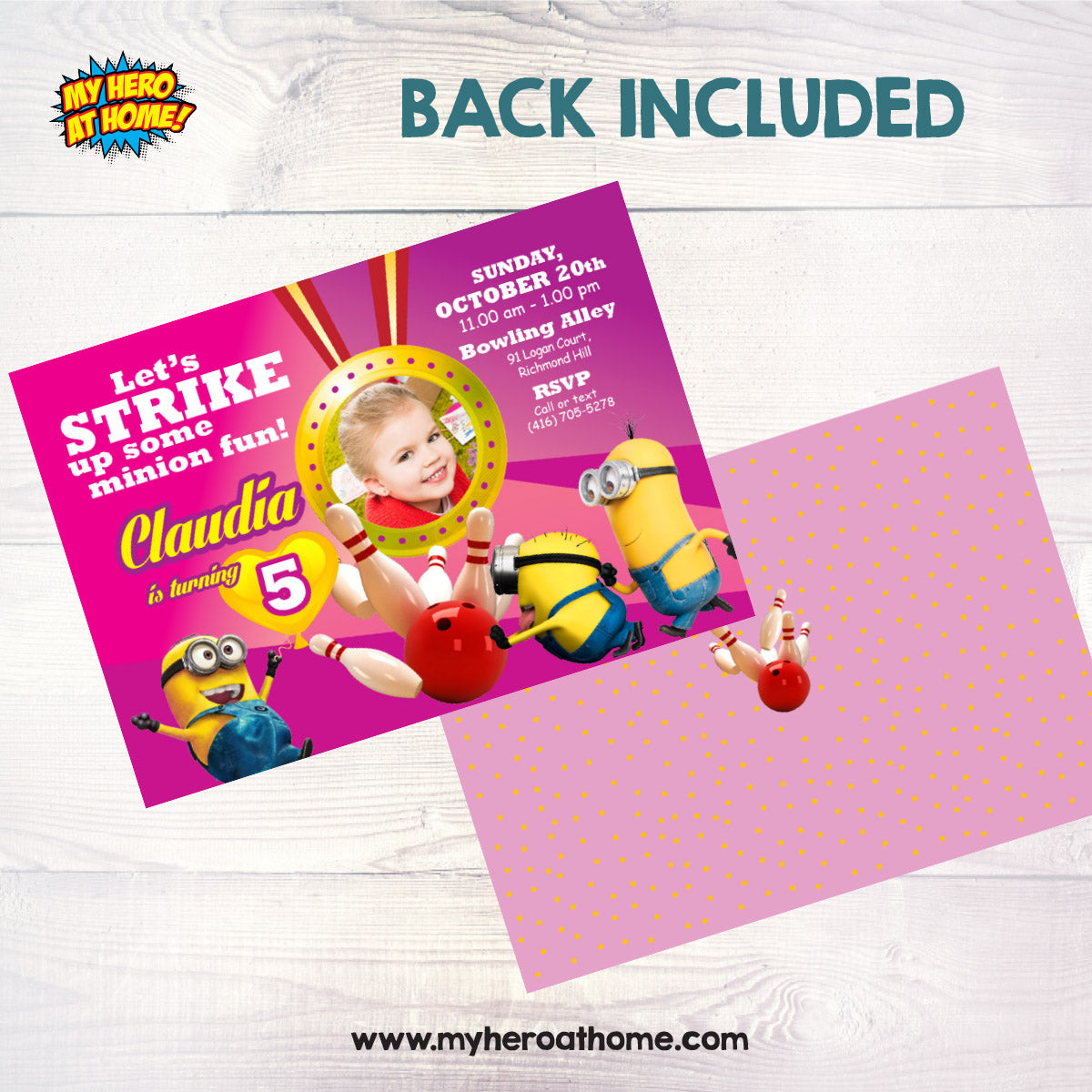 Girl Minions Bowling Party Invitation with photo, Pink Bowling Invitation Themed Minions. 043
