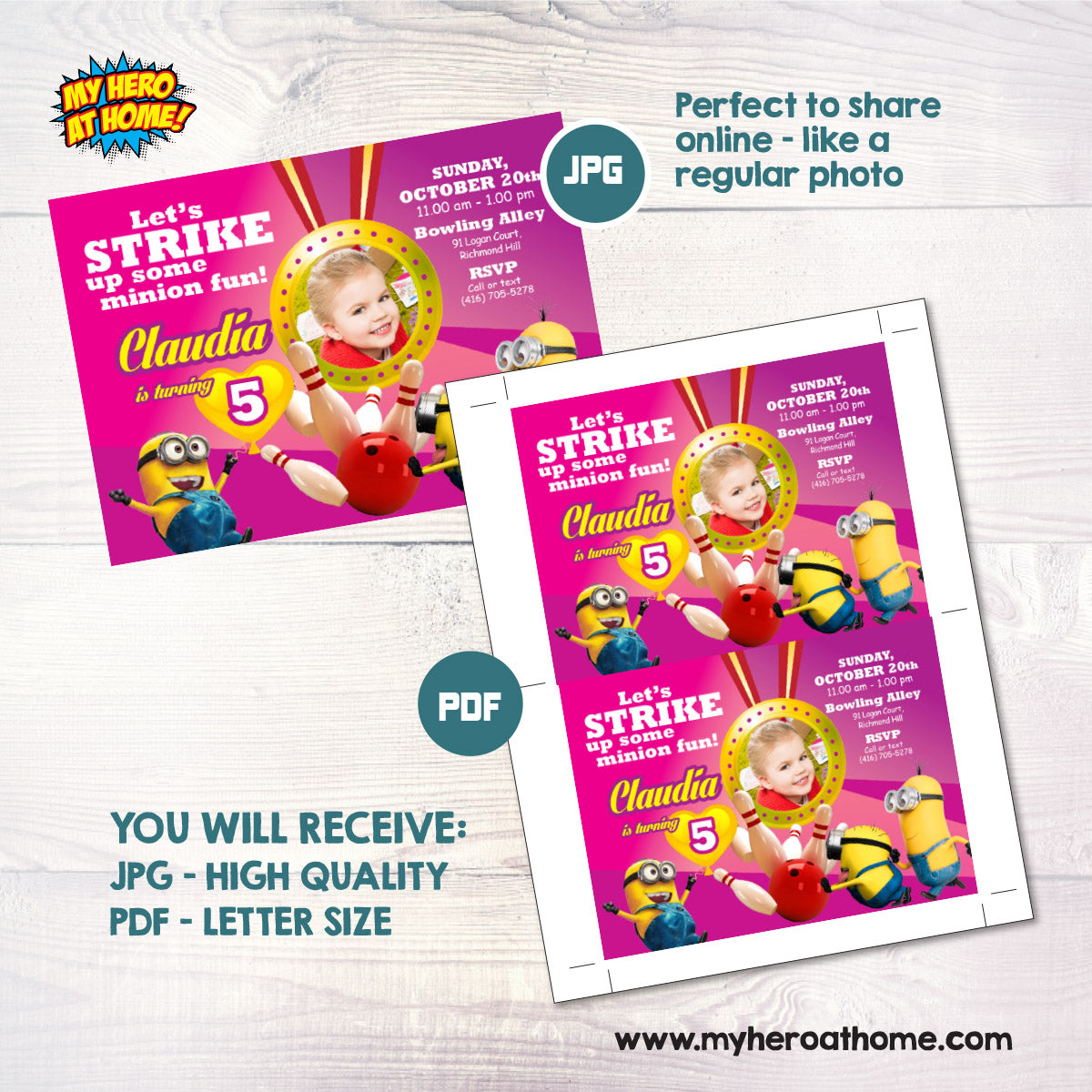 Girl Minions Bowling Party Invitation with photo, Pink Bowling Invitation Themed Minions. 043