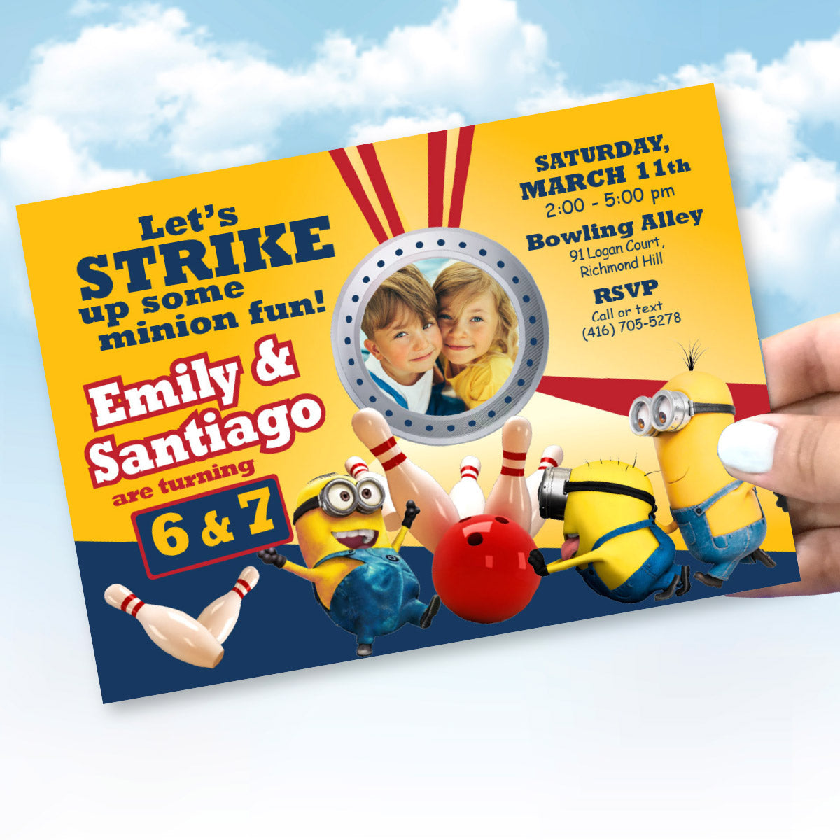 Joint Minions Bowling Party Invitation featuring birthday children as the stars. 044B