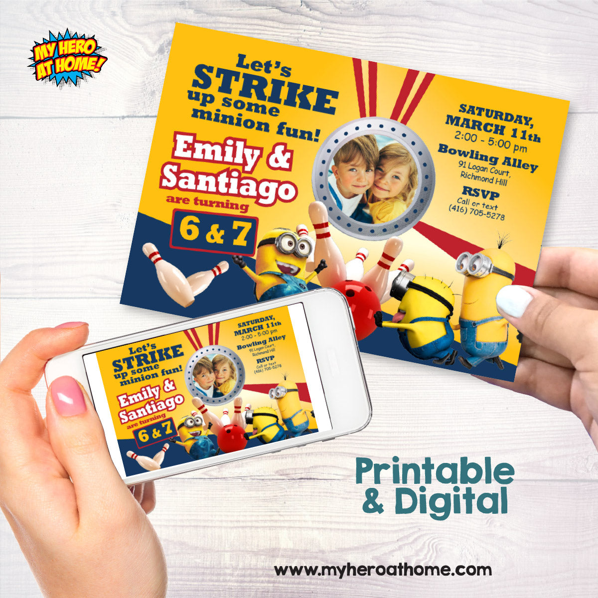 Joint Minions Bowling Party Invitation featuring birthday children as the stars. 044B