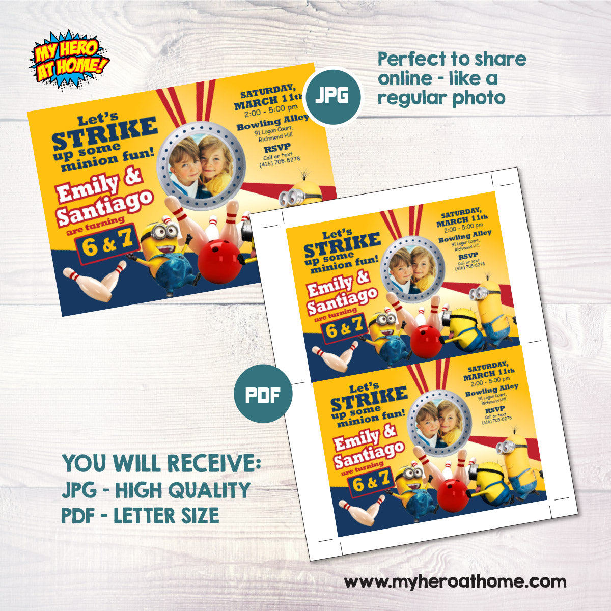 Joint Minions Bowling Party Invitation featuring birthday children as the stars. 044B
