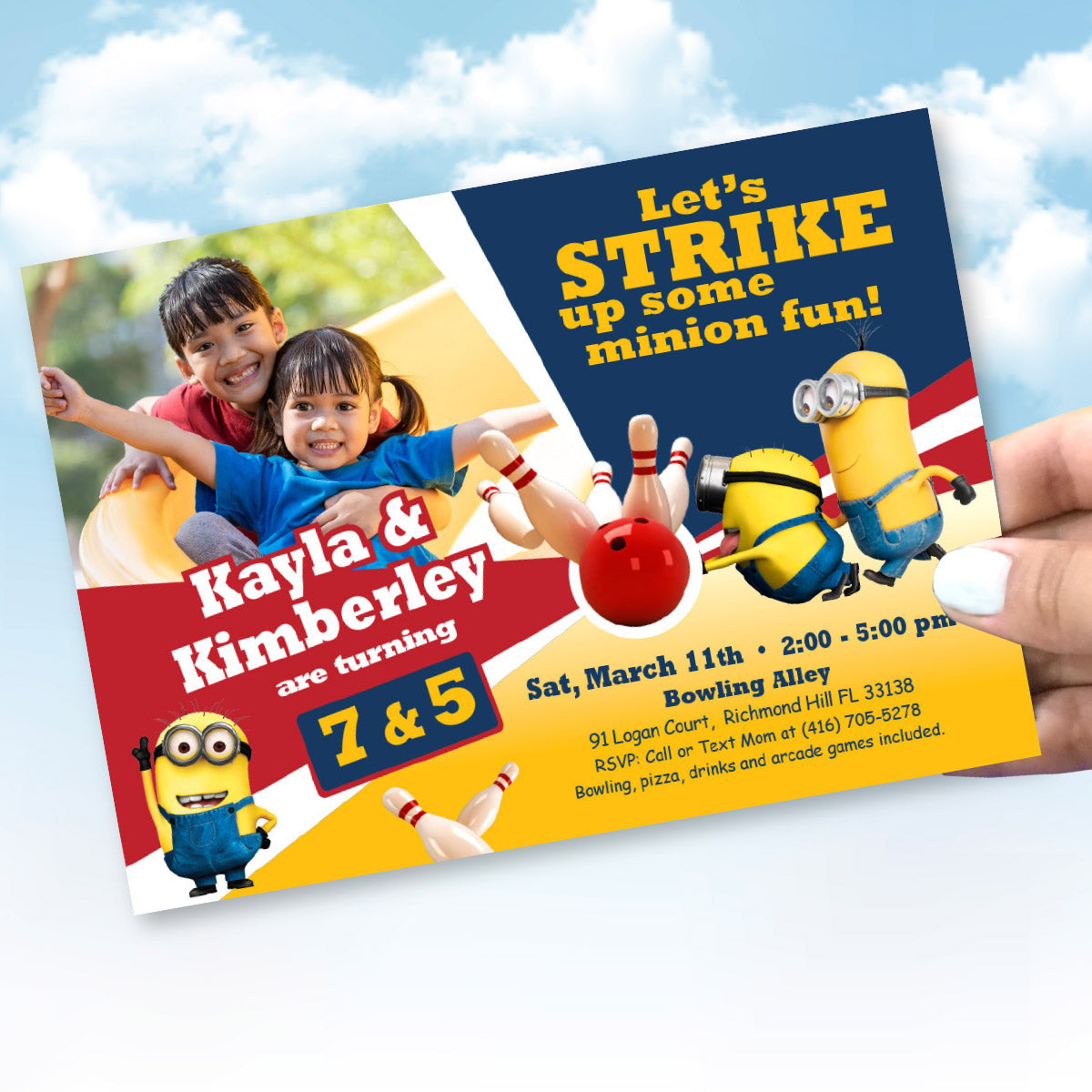 Custom Minions Bowling Party Invitation featuring birthday Siblings as the stars. 044C
