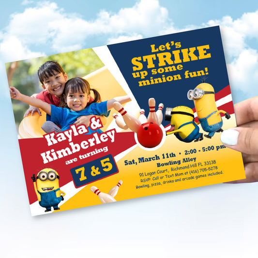 Custom Minions Bowling Party Invitation featuring birthday Siblings as the stars. 044C