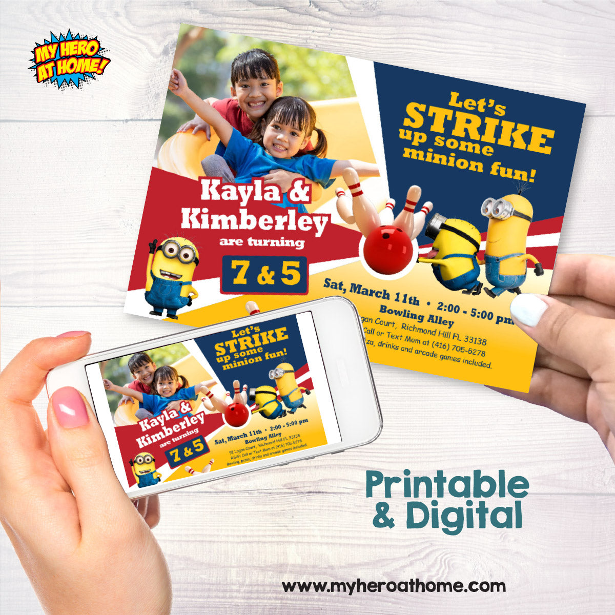 Custom Minions Bowling Party Invitation featuring birthday Siblings as the stars. 044C
