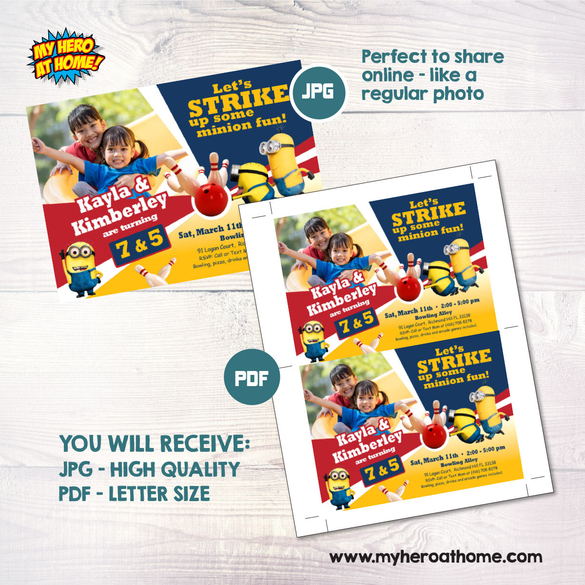 Custom Minions Bowling Party Invitation featuring birthday Siblings as the stars. 044C