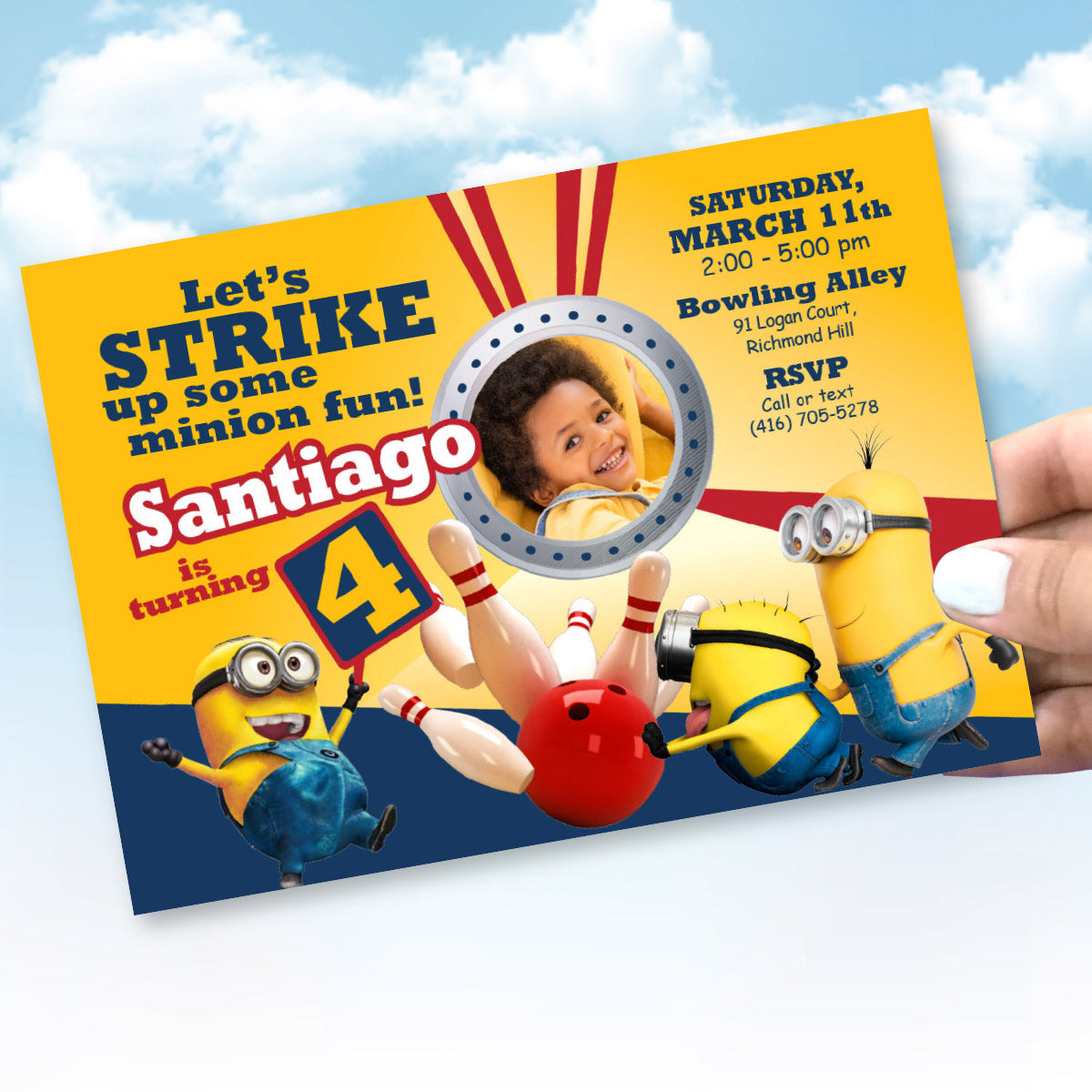 Minions Bowling Party Invitation featuring birthday child as the star. 044