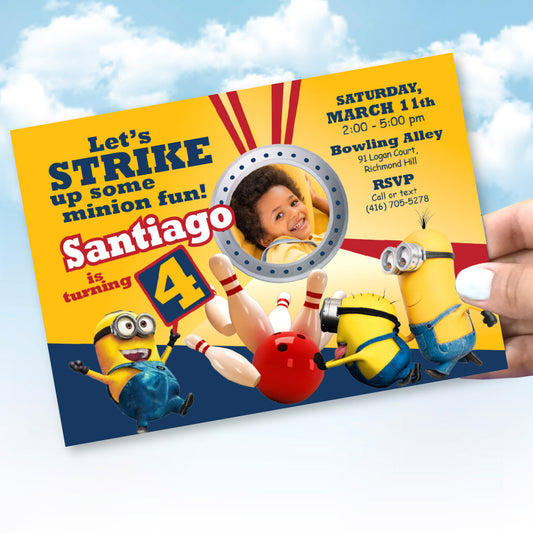 Minions Bowling Party Invitation featuring birthday child as the star. 044
