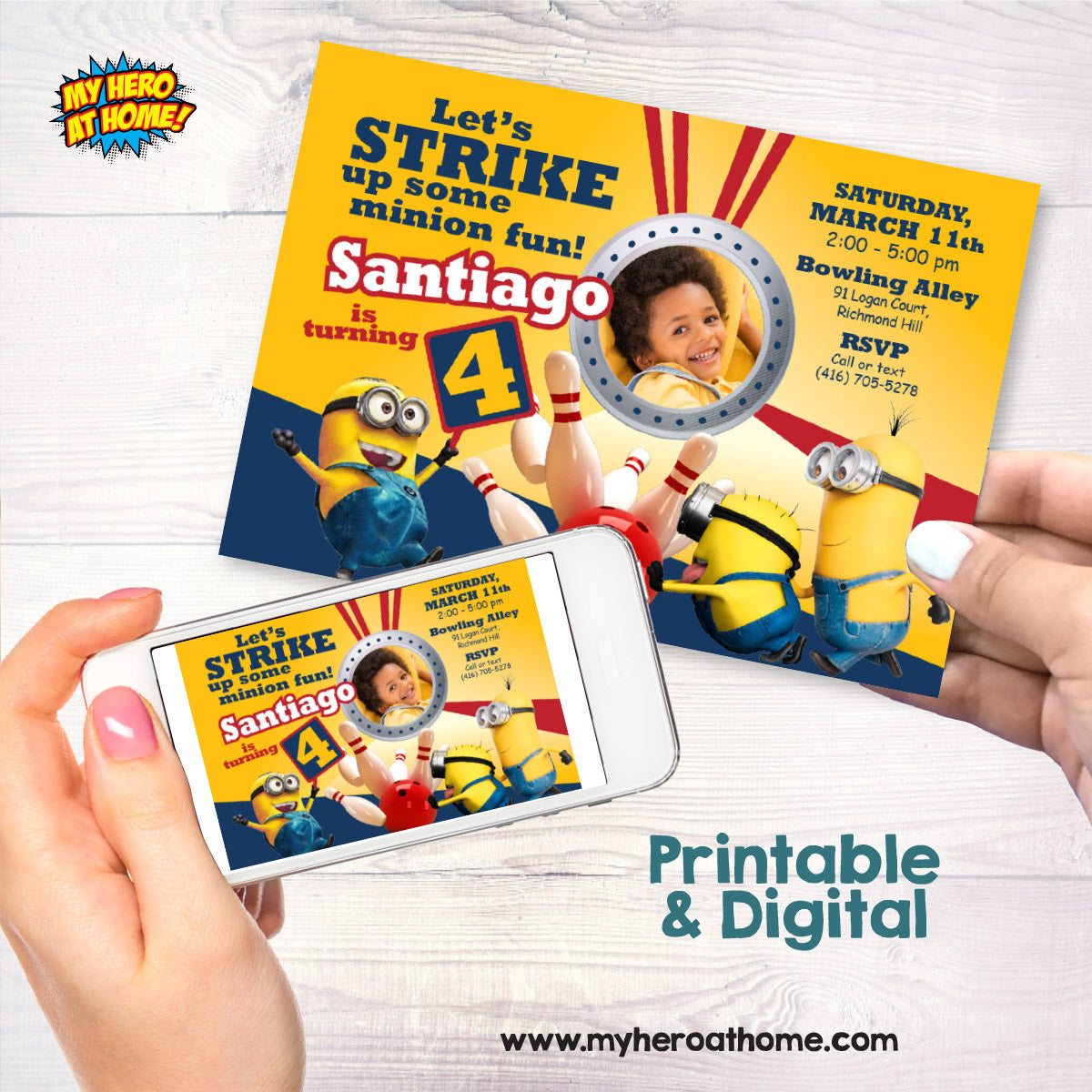 Minions Bowling Party Invitation featuring birthday child as the star. 044