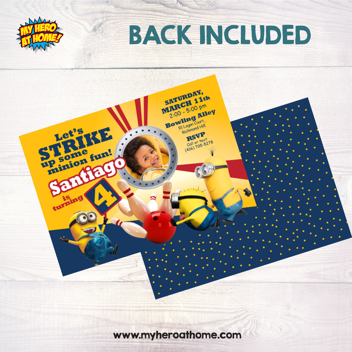 Minions Bowling Party Invitation featuring birthday child as the star. 044