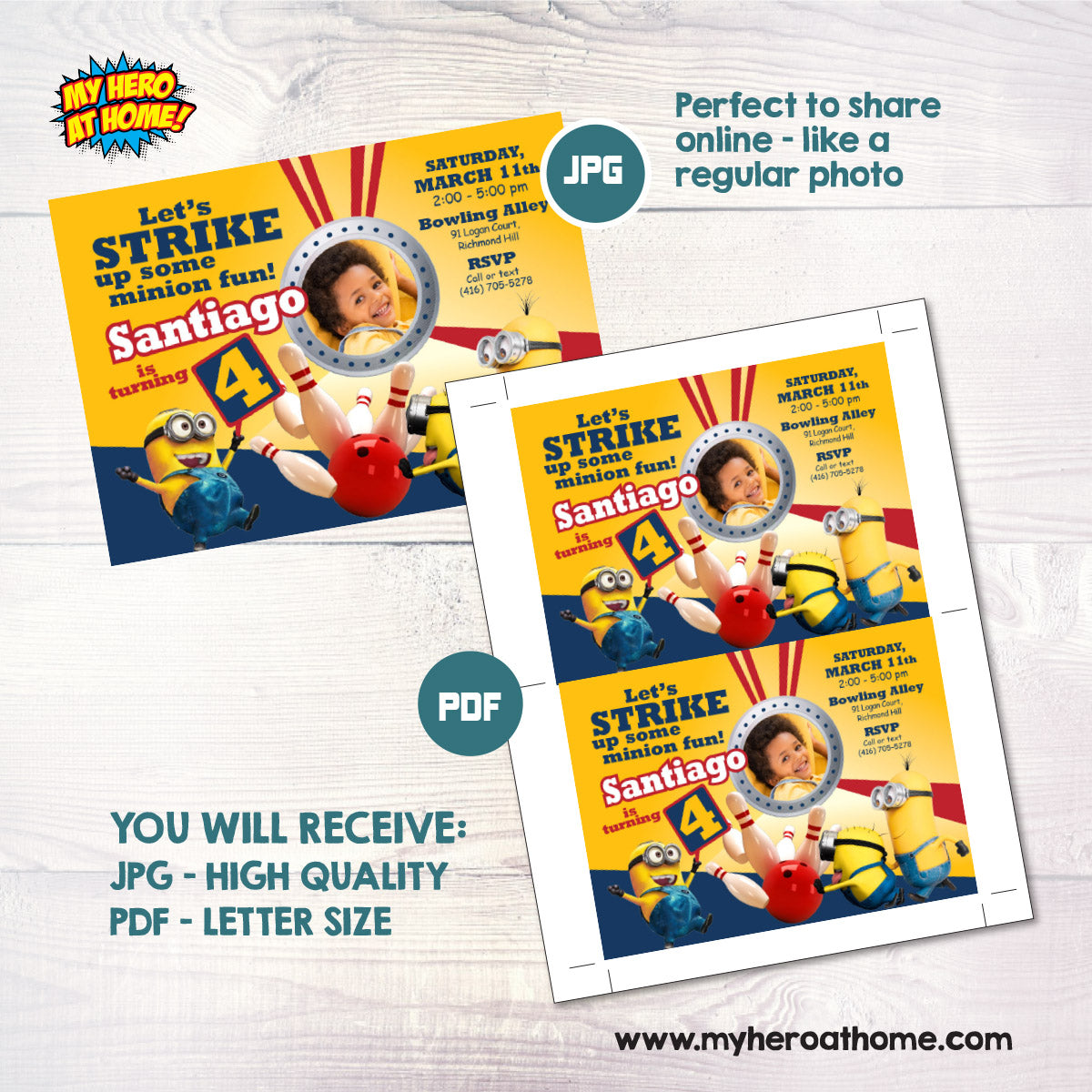 Minions Bowling Party Invitation featuring birthday child as the star. 044
