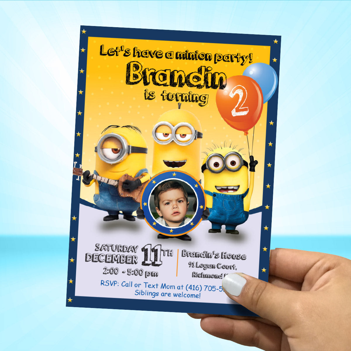 Custom Minions Birthday Invitation with birthday childs photo, Minions Photo invitation. 045
