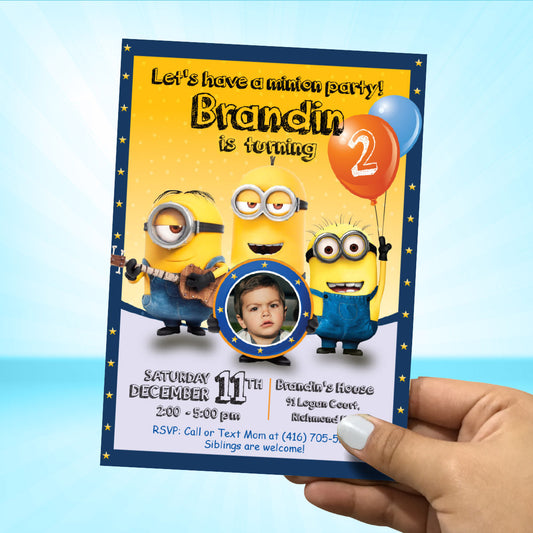 Custom Minions Birthday Invitation with birthday childs photo, Minions Photo invitation. 045