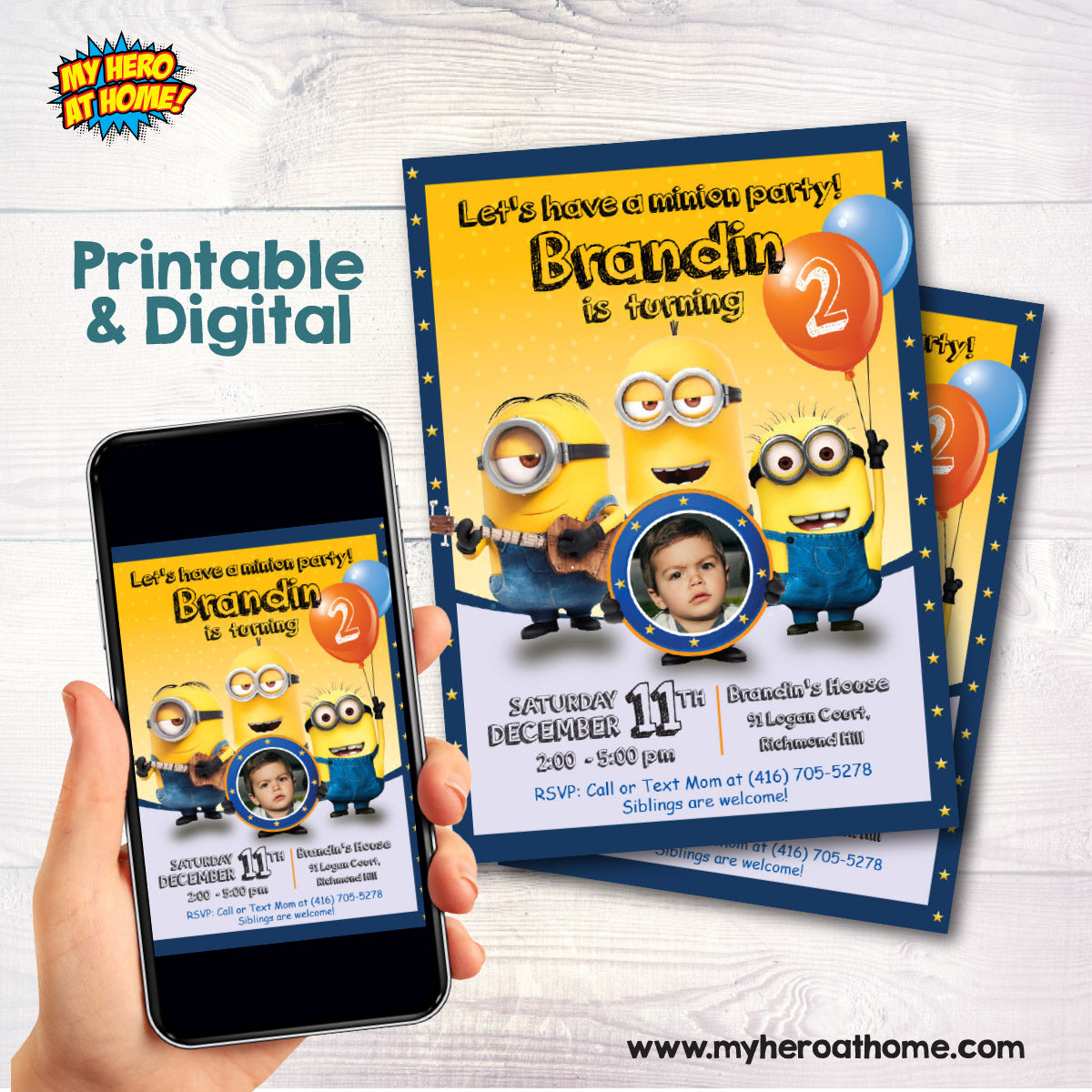 Custom Minions Birthday Invitation with birthday childs photo, Minions Photo invitation. 045