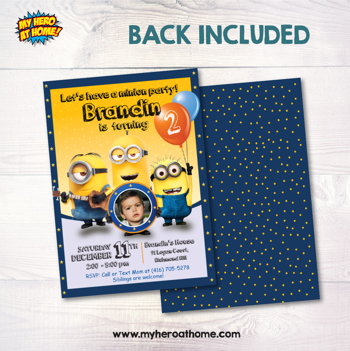 Custom Minions Birthday Invitation with birthday childs photo, Minions Photo invitation. 045