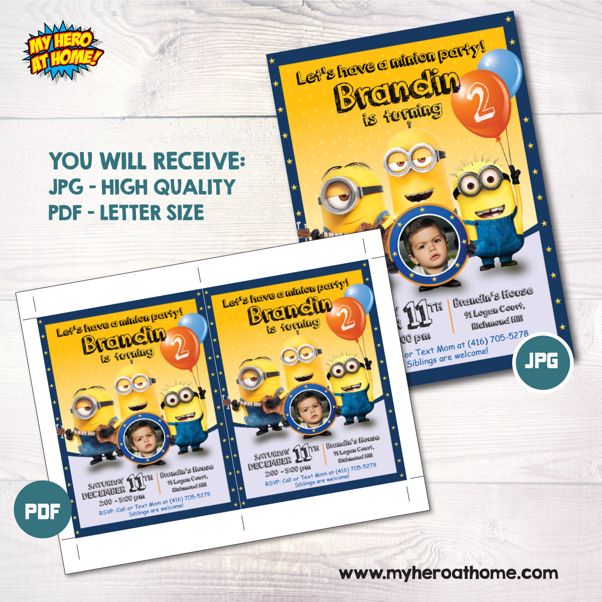 Custom Minions Birthday Invitation with birthday childs photo, Minions Photo invitation. 045