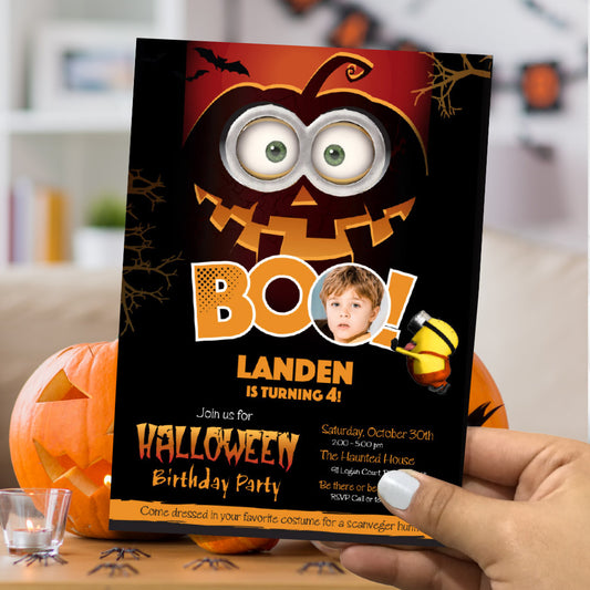 Minions Halloween Boo Birthday party Invitation with photo (Digital, Printable). 048