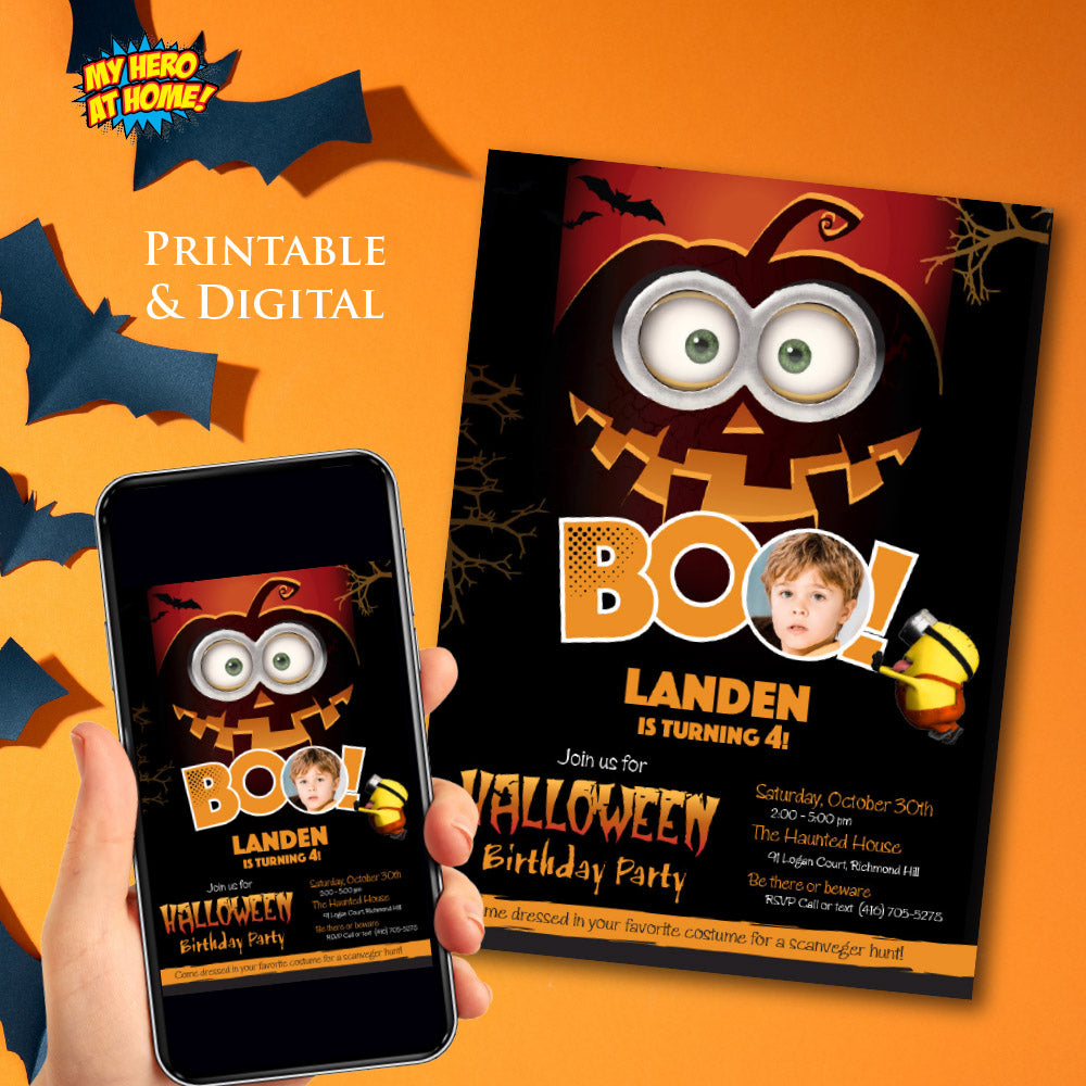 Minions Halloween Boo Birthday party Invitation with photo (Digital, Printable). 048