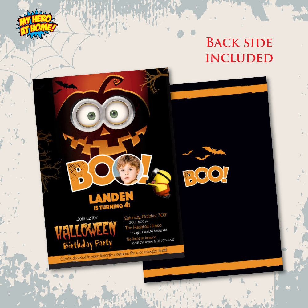 Minions Halloween Boo Birthday party Invitation with photo (Digital, Printable). 048