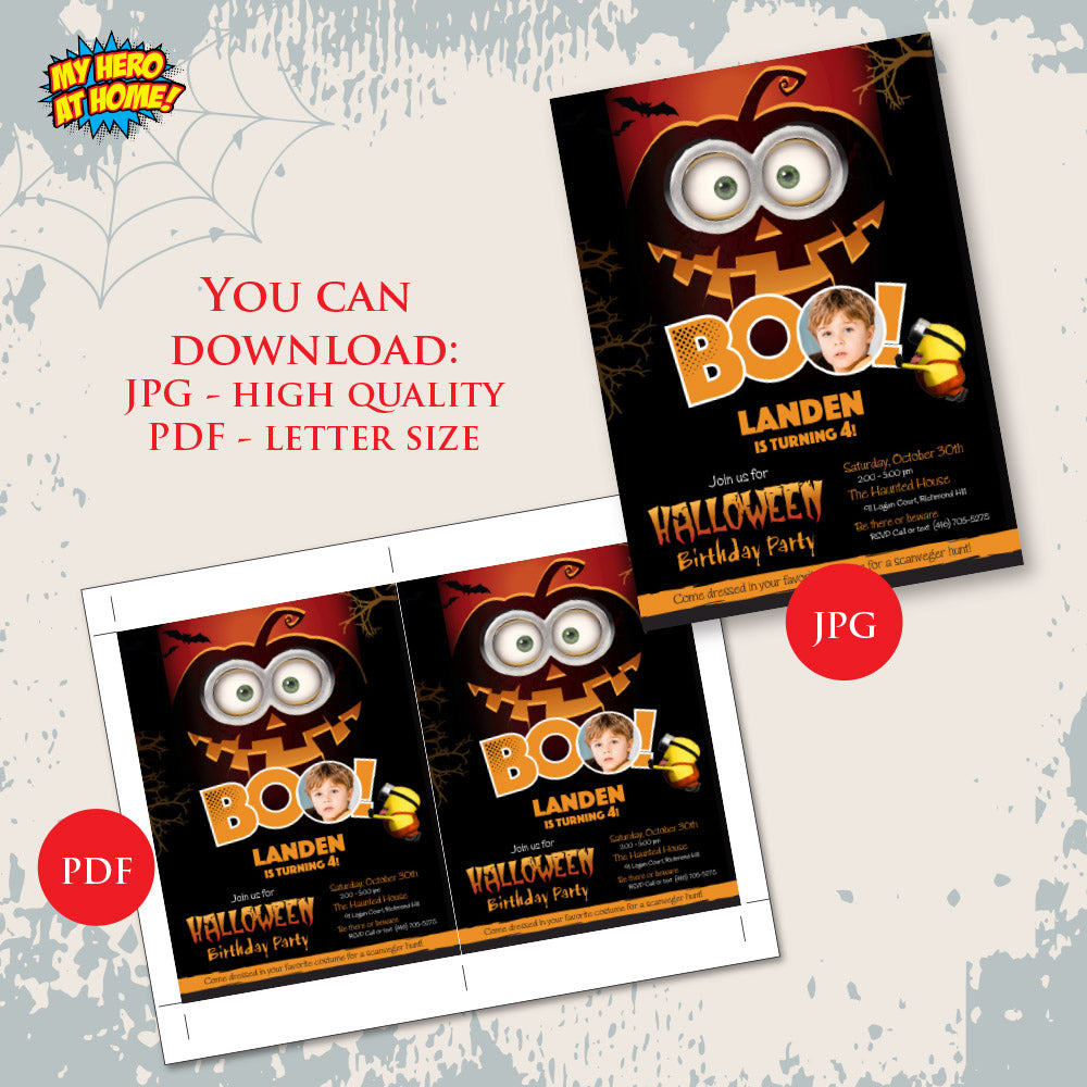Minions Halloween Boo Birthday party Invitation with photo (Digital, Printable). 048