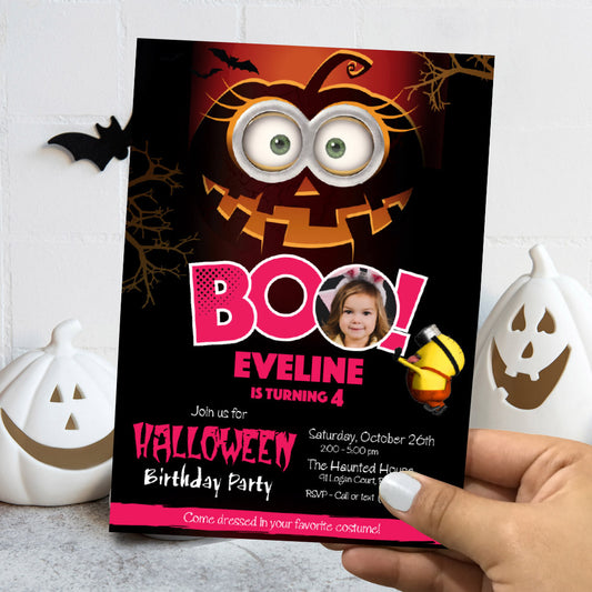 Personalized Minions Girl Pink Halloween birthday Invitation with photo (Digital, Printable). 049