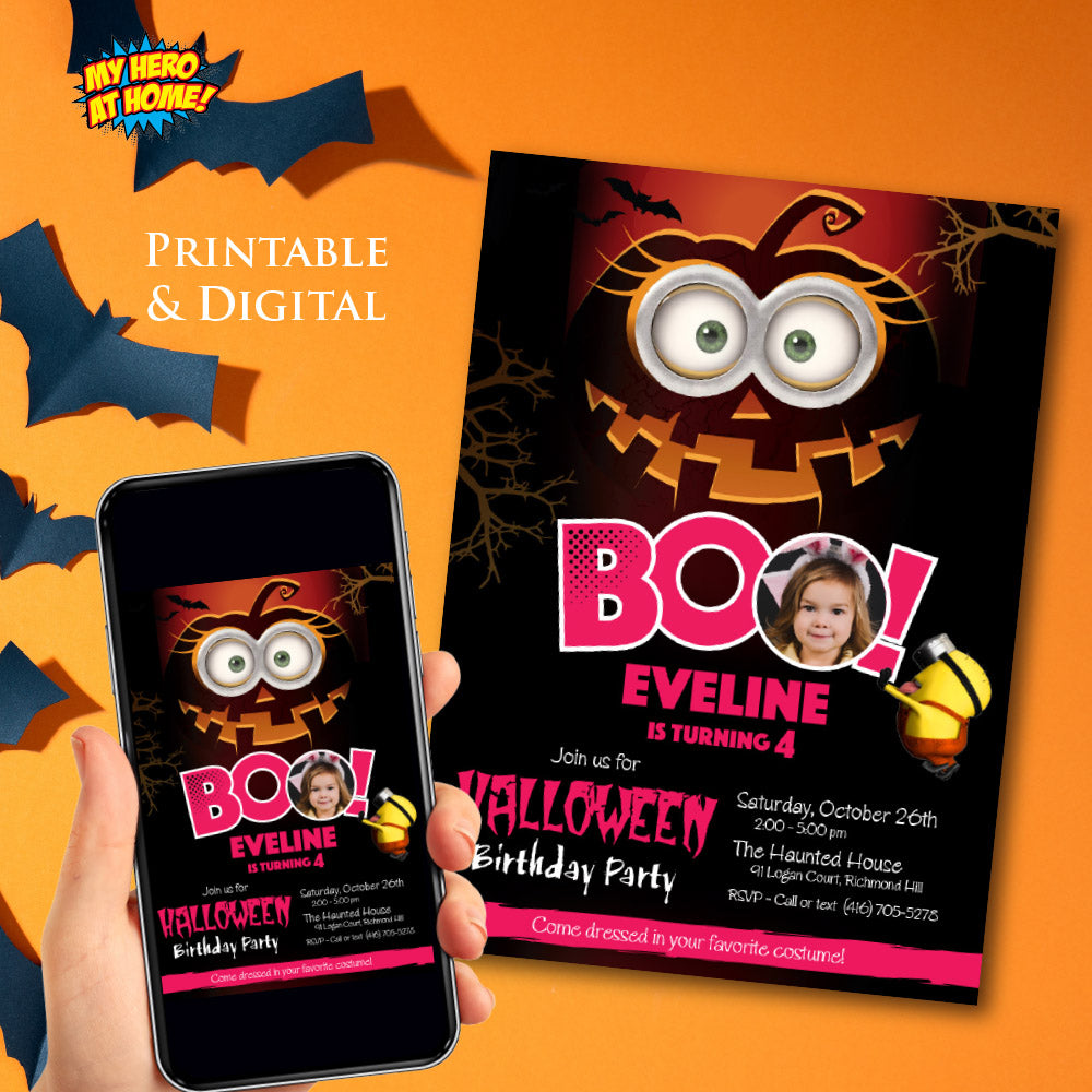 Personalized Minions Girl Pink Halloween birthday Invitation with photo (Digital, Printable). 049