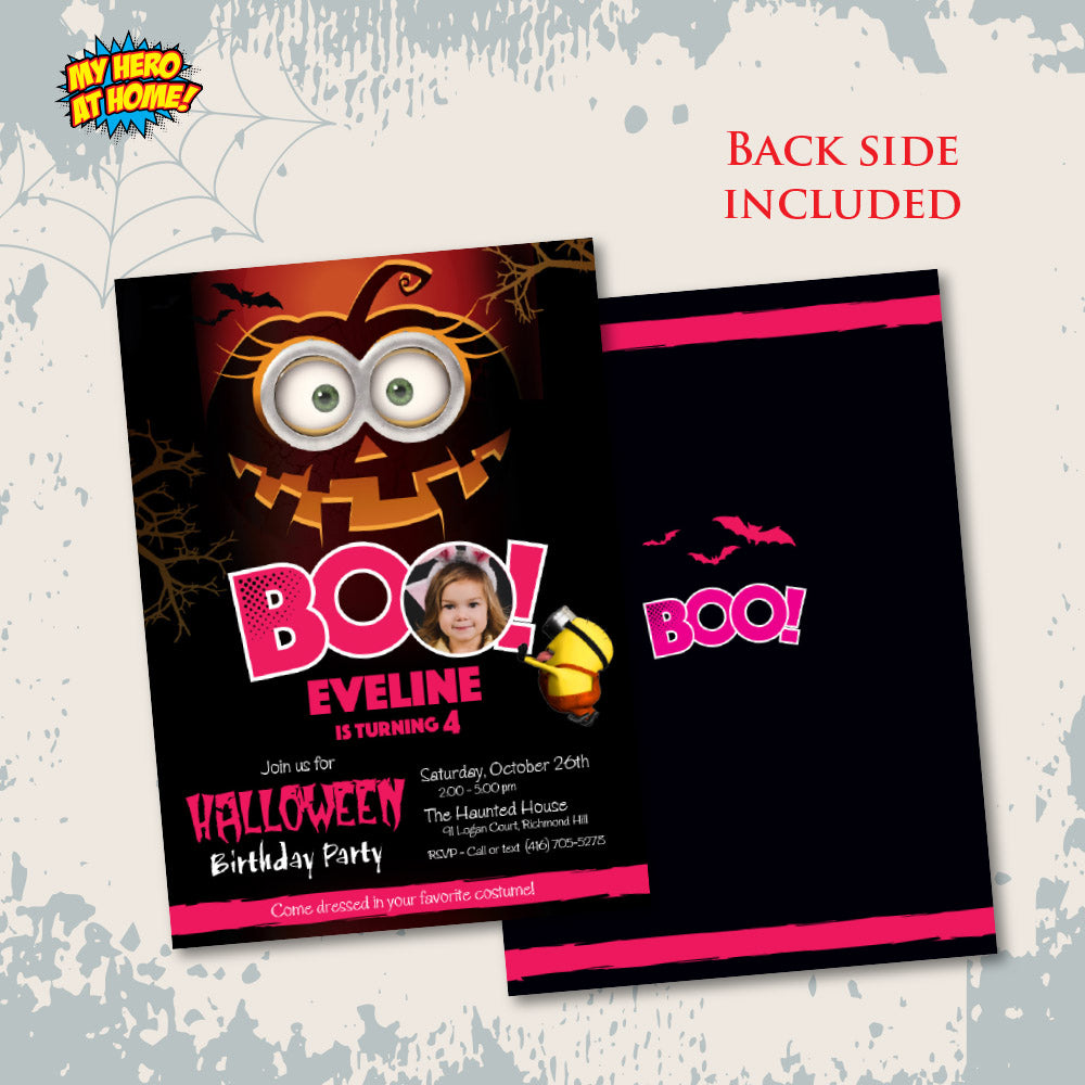 Personalized Minions Girl Pink Halloween birthday Invitation with photo (Digital, Printable). 049