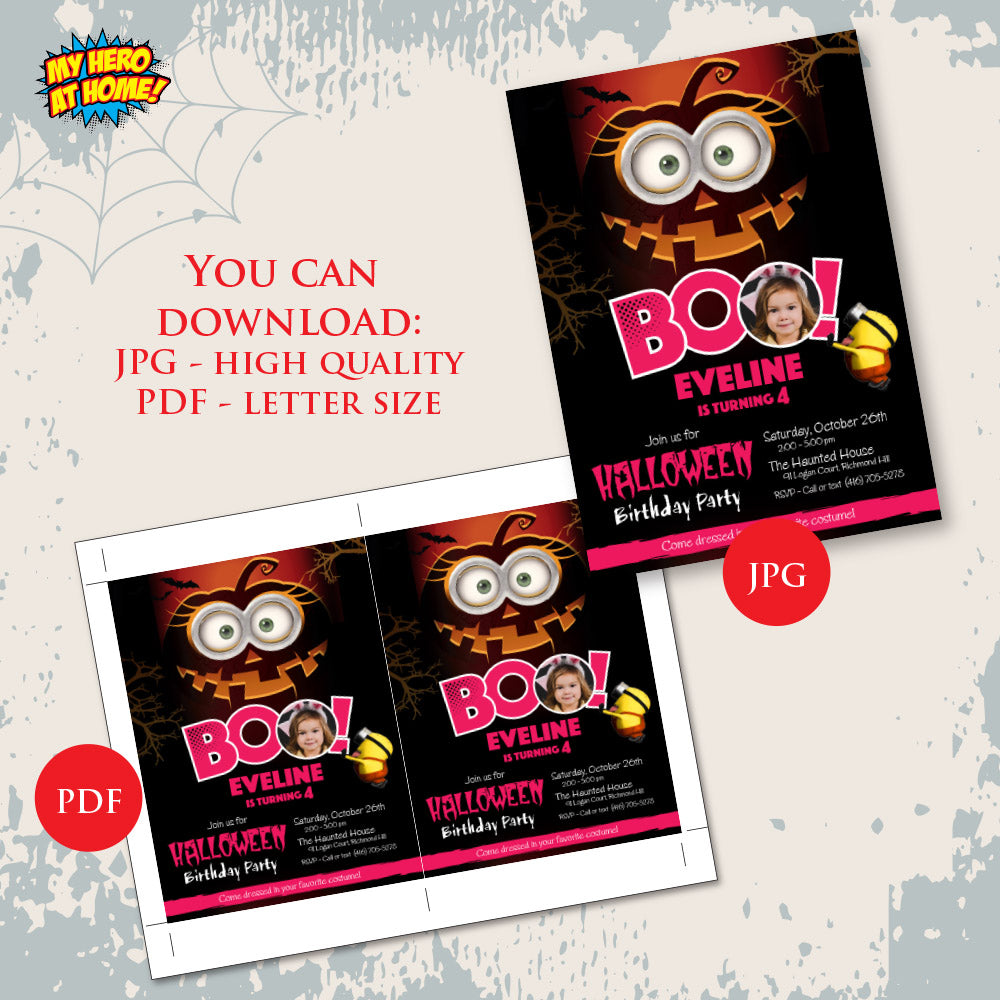 Personalized Minions Girl Pink Halloween birthday Invitation with photo (Digital, Printable). 049