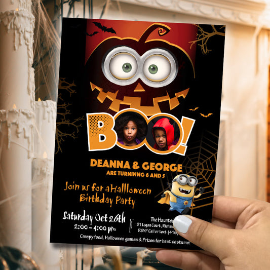 Joint Minions Halloween Birthday Invitation With Siblings Photos (Printable, Digital). 050B