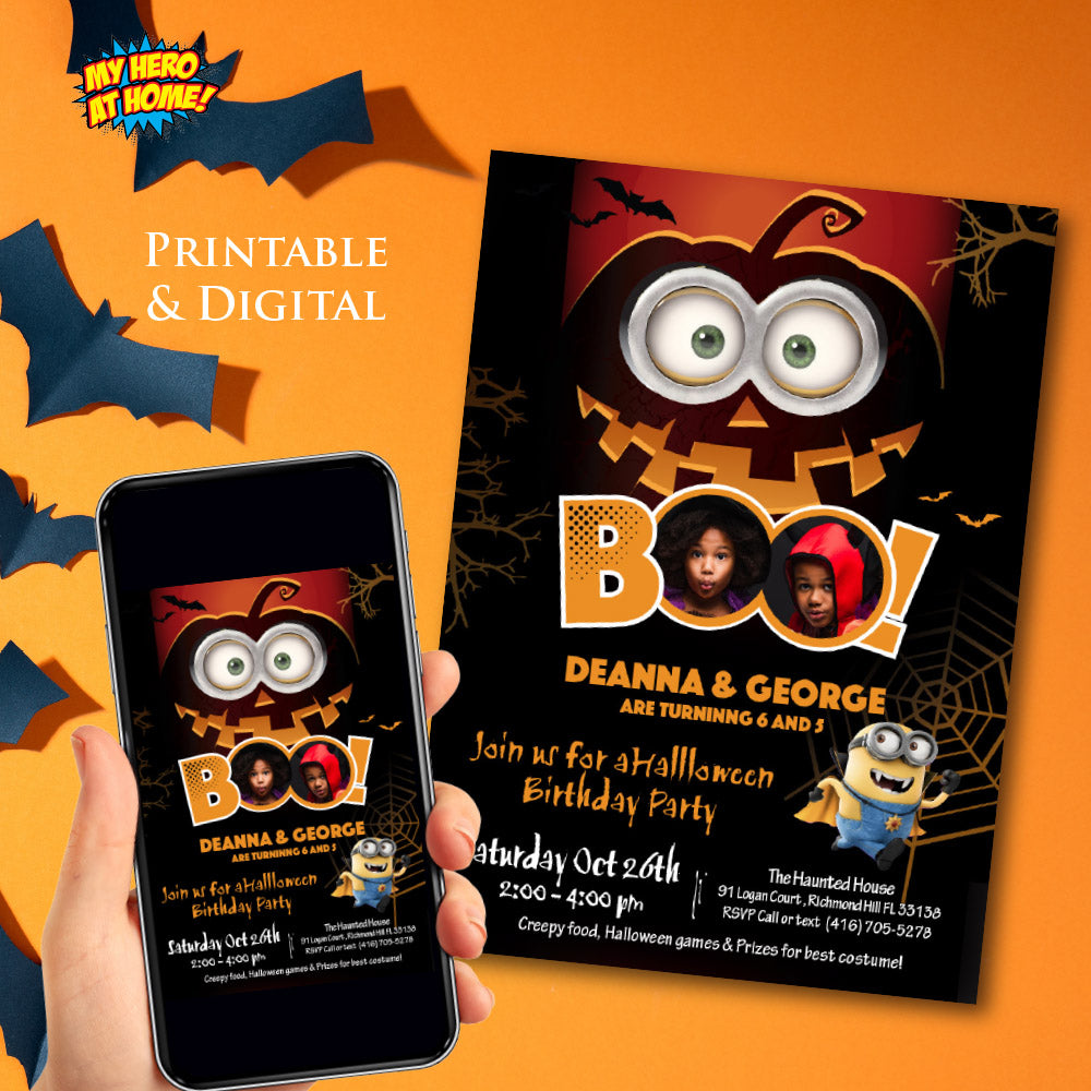 Joint Minions Halloween Birthday Invitation With Siblings Photos (Printable, Digital). 050B