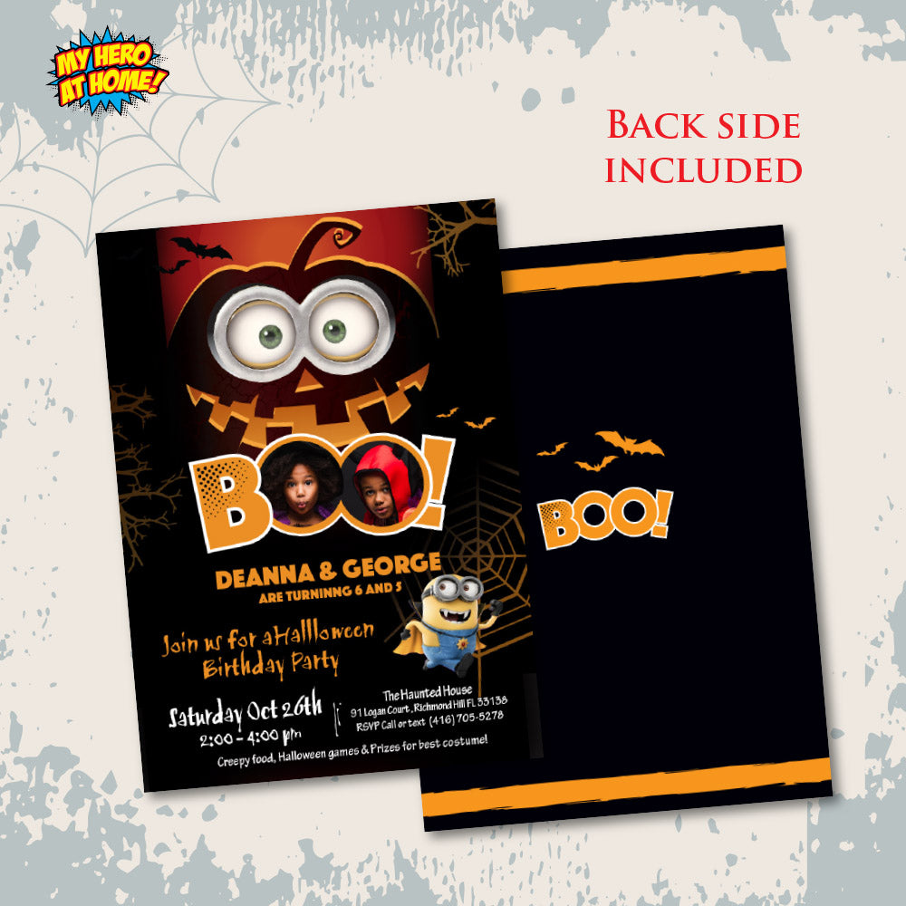 Joint Minions Halloween Birthday Invitation With Siblings Photos (Printable, Digital). 050B