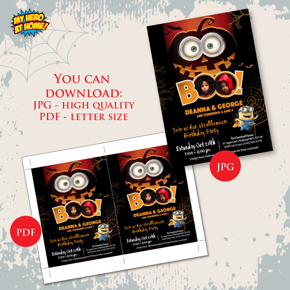 Joint Minions Halloween Birthday Invitation With Siblings Photos (Printable, Digital). 050B