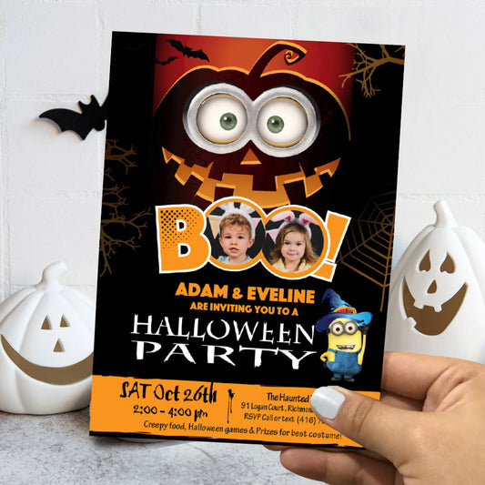 Minions Siblings Halloween Invitation with photos, Joint Spooky Minion Invite (Printable, Digital). 050