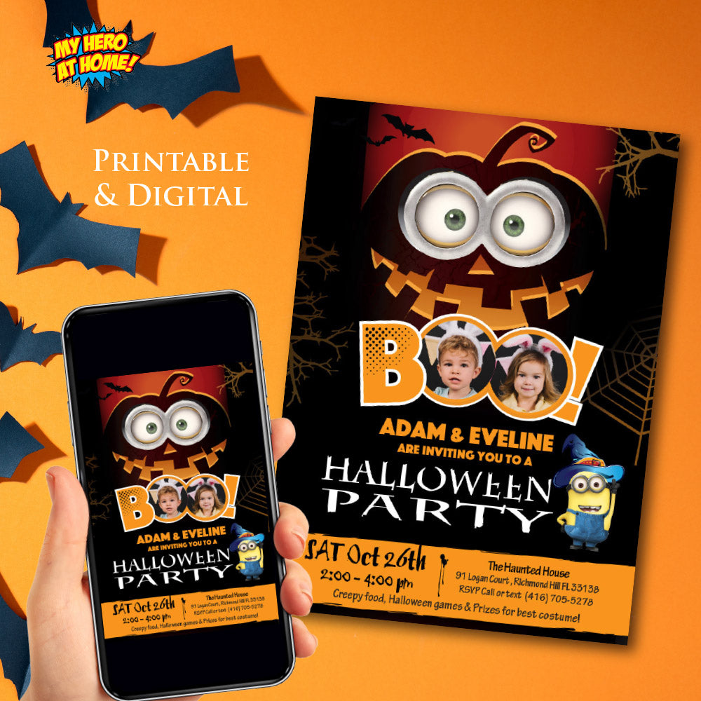 Minions Siblings Halloween Invitation with photos, Joint Spooky Minion Invite (Printable, Digital). 050