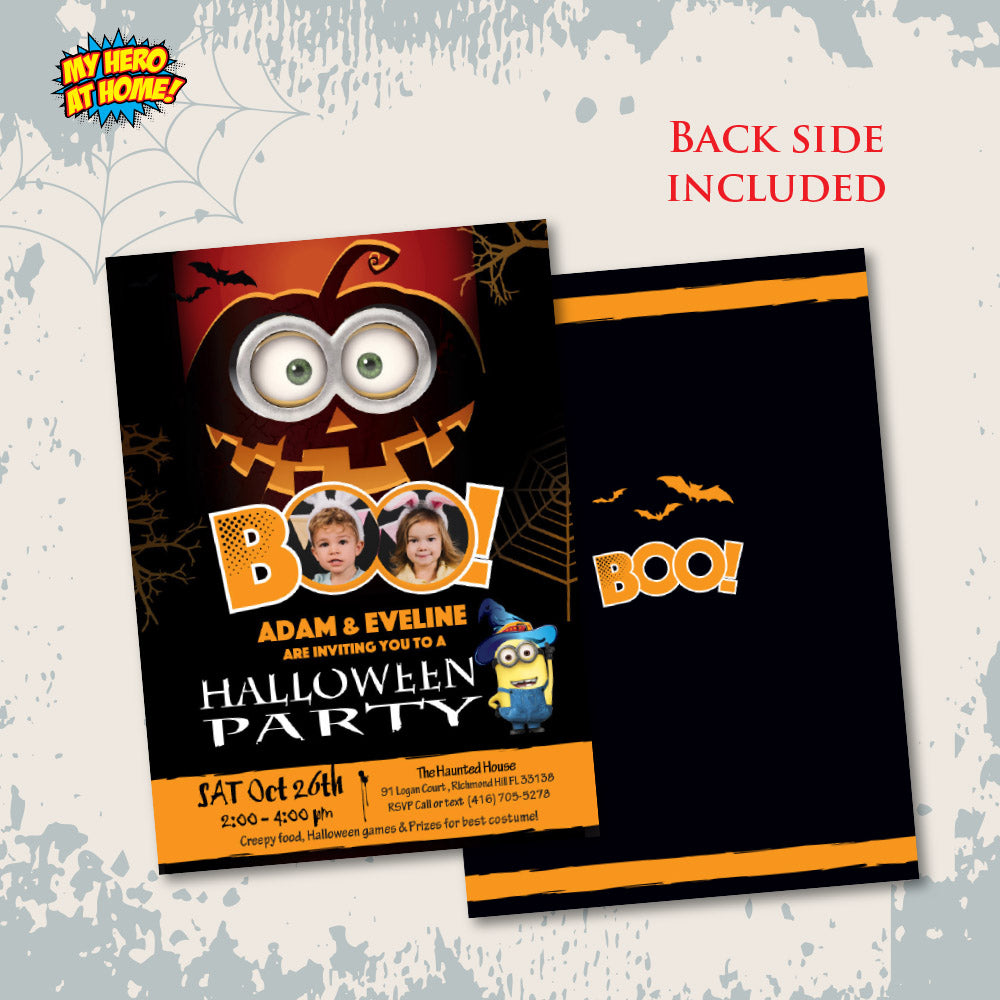 Minions Siblings Halloween Invitation with photos, Joint Spooky Minion Invite (Printable, Digital). 050