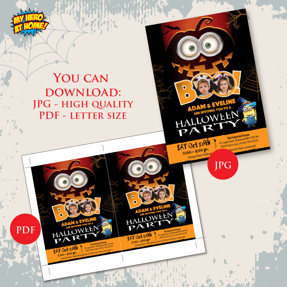 Minions Siblings Halloween Invitation with photos, Joint Spooky Minion Invite (Printable, Digital). 050