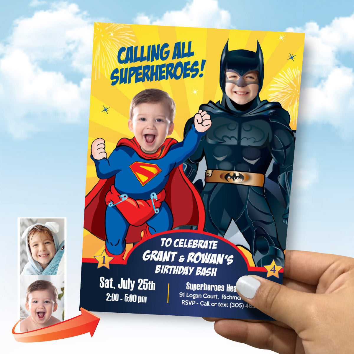 Superman and Batman Siblings Birthday Invitation featuring children as the Superheroes. 066