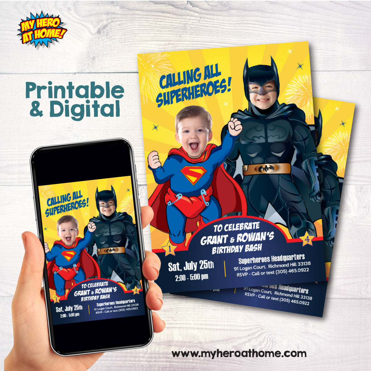Superman and Batman Siblings Birthday Invitation featuring children as the Superheroes. 066
