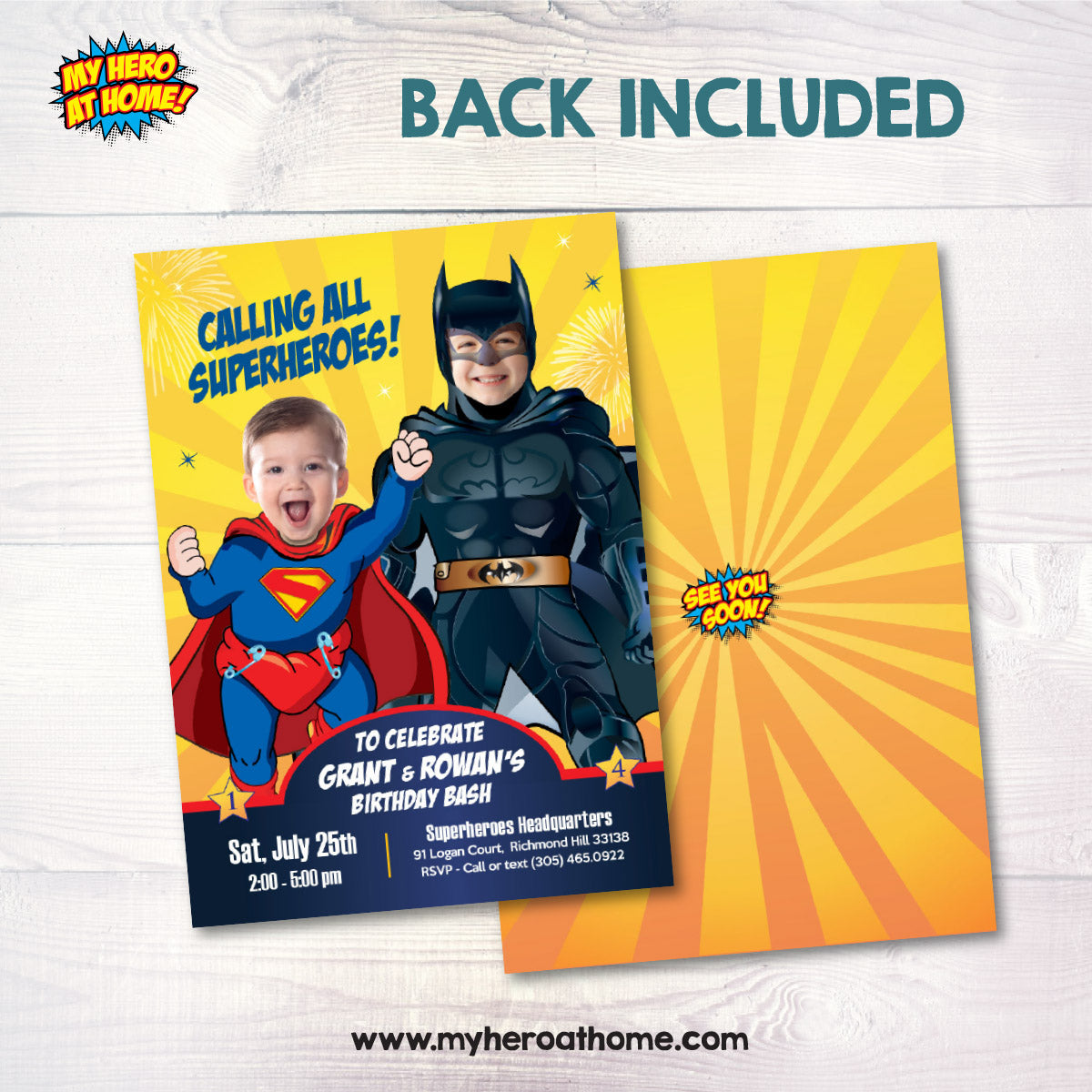 Superman and Batman Siblings Birthday Invitation featuring children as the Superheroes. 066