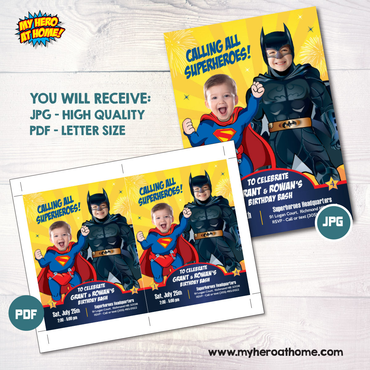 Superman and Batman Siblings Birthday Invitation featuring children as the Superheroes. 066
