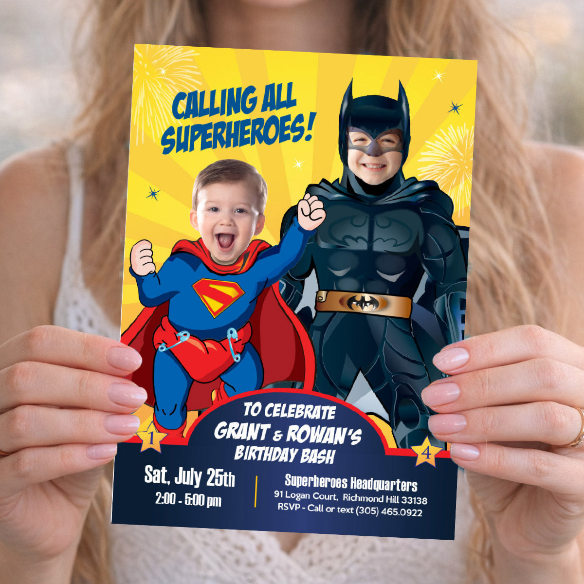 Superman and Batman Siblings Birthday Invitation featuring children as the Superheroes. 066