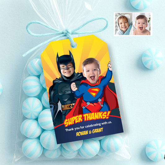 Siblings Batman and Baby Superman Thank You and Favor Tags with photos. 066TY