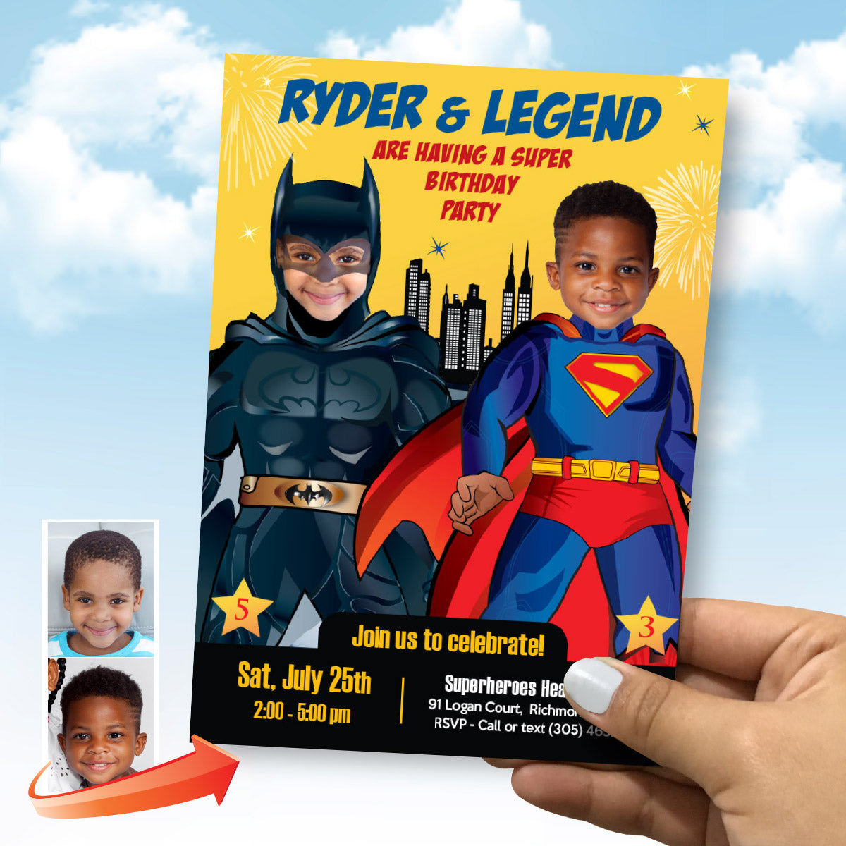 Joint Batman and Superman Party invitation with photos, Superman Batman Party Ideas. 070IN