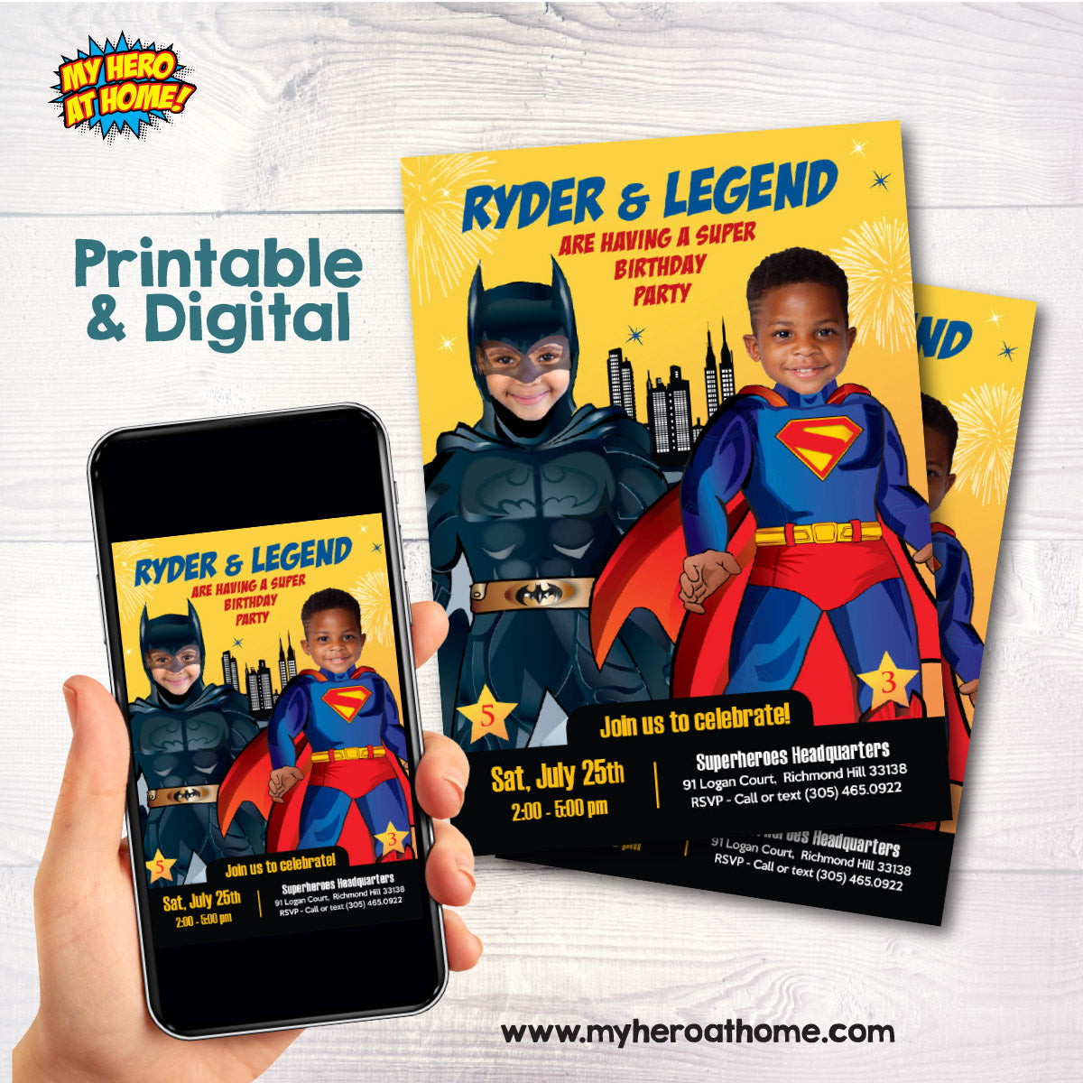 Joint Batman and Superman Party invitation with photos, Superman Batman Party Ideas. 070IN