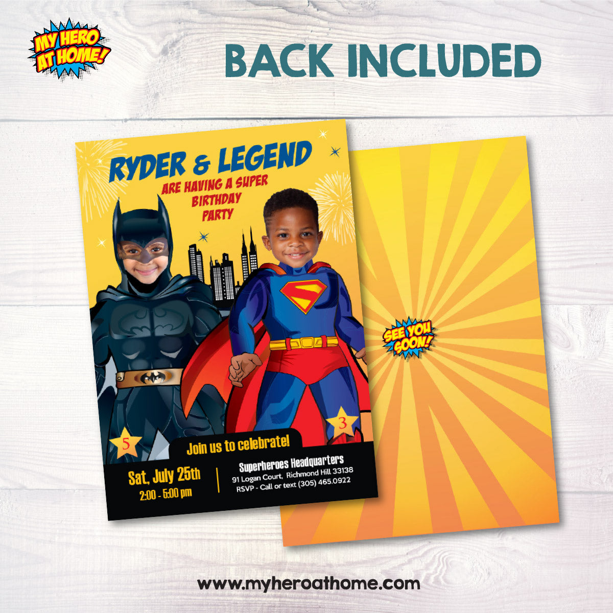 Joint Batman and Superman Party invitation with photos, Superman Batman Party Ideas. 070IN